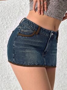 SHEIN PETITE 女款修身修邊休閒牛仔裙 - 深色水洗藍 - 查看 7
