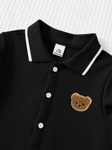 SHEIN 新生兒男嬰/女嬰秋冬款可愛卡通圖案 Polo 領長袖連身衣 - 黑色 - 查看 6