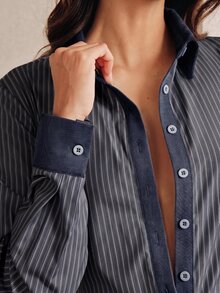 Anewsta 女款春夏藍白條紋丹寧拼接領休閒襯衫，適合日常通勤與校園穿著 - 藏蓝色 - 查看 5
