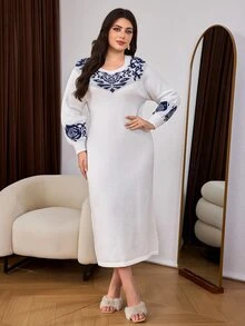 Lacomfia Plus Size Women's Geometric Pattern Long Sleeve Polar Fleece Knit Dress - Blue and White - View 1