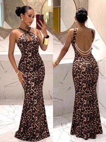 Slaydiva Women Leopard Print Halter Twist Mermaid Evening Dress Pearl Chain Backless Formal Gown Prom Holiday Party New Year Wedding Guest Holiday - Multicolor - View 2