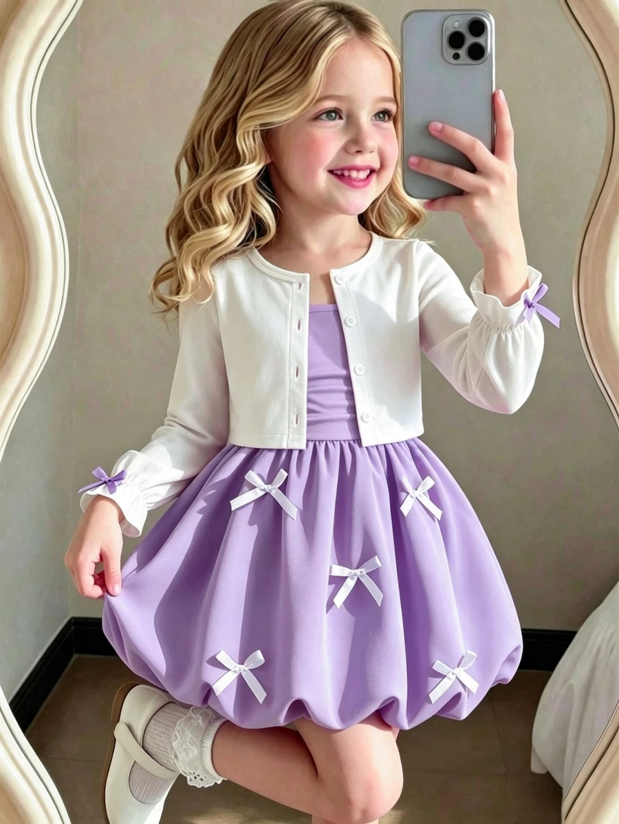 SHEIN Elladie kids 2件組女童幼兒套裝,溫柔女孩風白色長袖外套搭配粉色蝴蝶結細肩帶洋裝,薄款休閒日常度假春夏季 - 紫色 - 查看 1