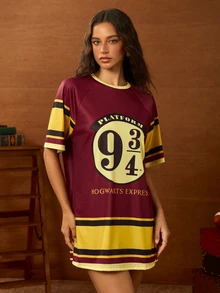HARRY POTTER X SHEIN Women's Digital Print Striped Colorblock Short Sleeve Dress - Burgundy - View 4