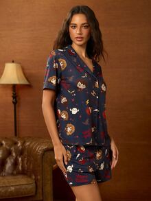 HARRY POTTER X SHEIN Women's Cartoon Print Button-Up Top And Shorts Pajama Set - Black - View 5