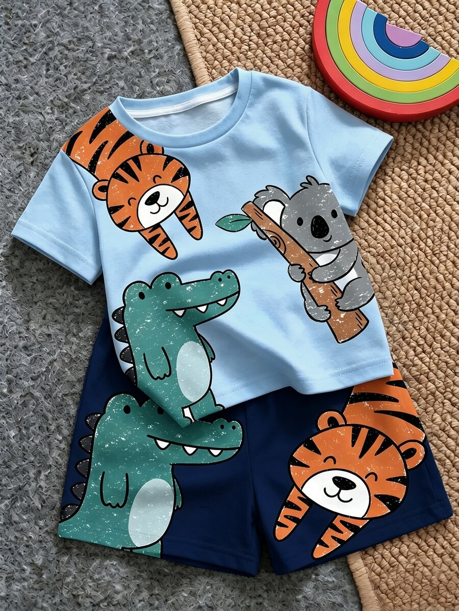 Baby Boy Casual Minimalist Cartoon Animal Print T-Shirt And Shorts Set, Suitable For Summer - Multicolor - View 1