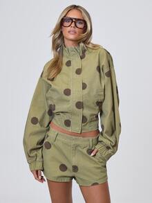 MUSERA 波點立領拉鍊短版夾克 秋冬酷女孩返校假期毛絨款 - 棕色 - 查看 1