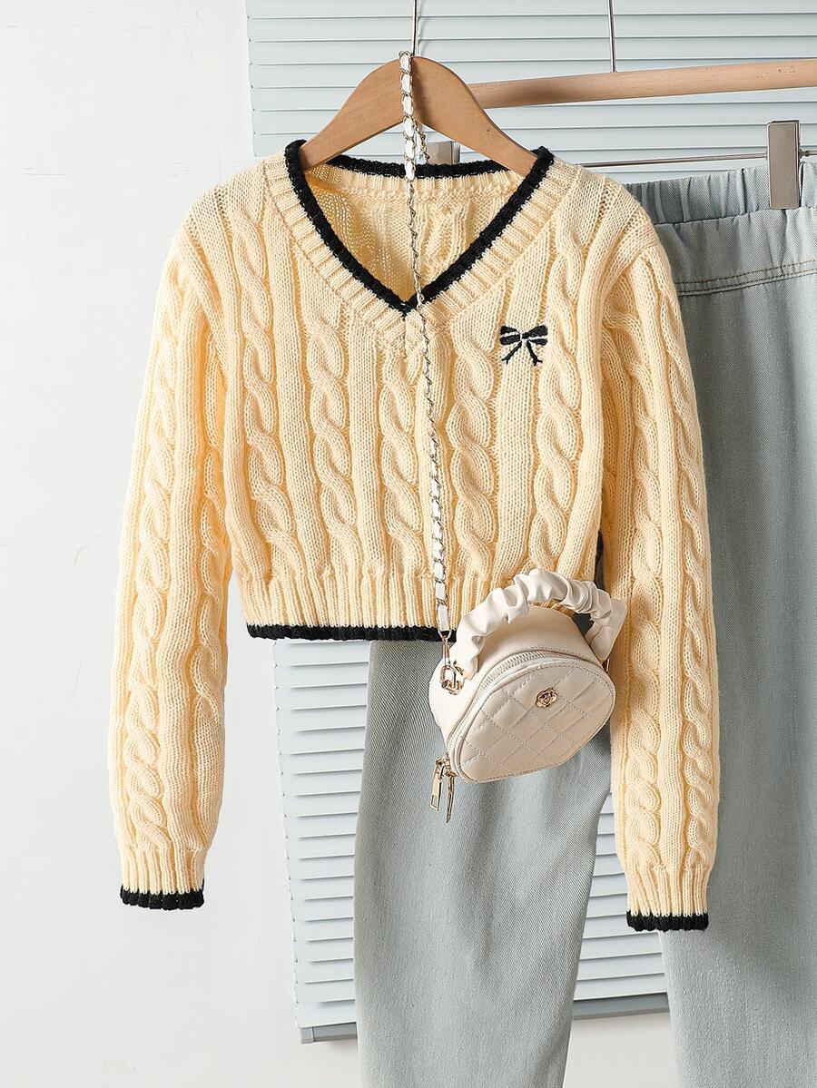 SHEIN 青少年女孩刺繡時尚粗針編織長袖街頭風毛衣 - 黃色 - 查看 1