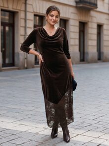 Chikora Plus Size Autumn/Winter Velvet Patchwork Asymmetrical Lace Cowl Neck Long Sleeve Dress - Brown - View 6