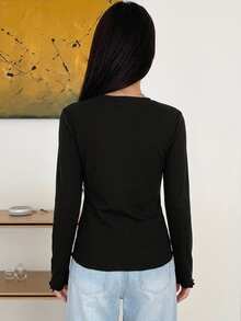 DAZY Women's Solid Color Round Neck Long Sleeve Casual Versatile T-Shirt - Black - View 2