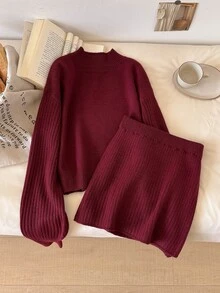 CosyJoli Women's Solid Color Long Sleeve Sweater And Knitted Skirt Casual Set - Burgundy - View 1