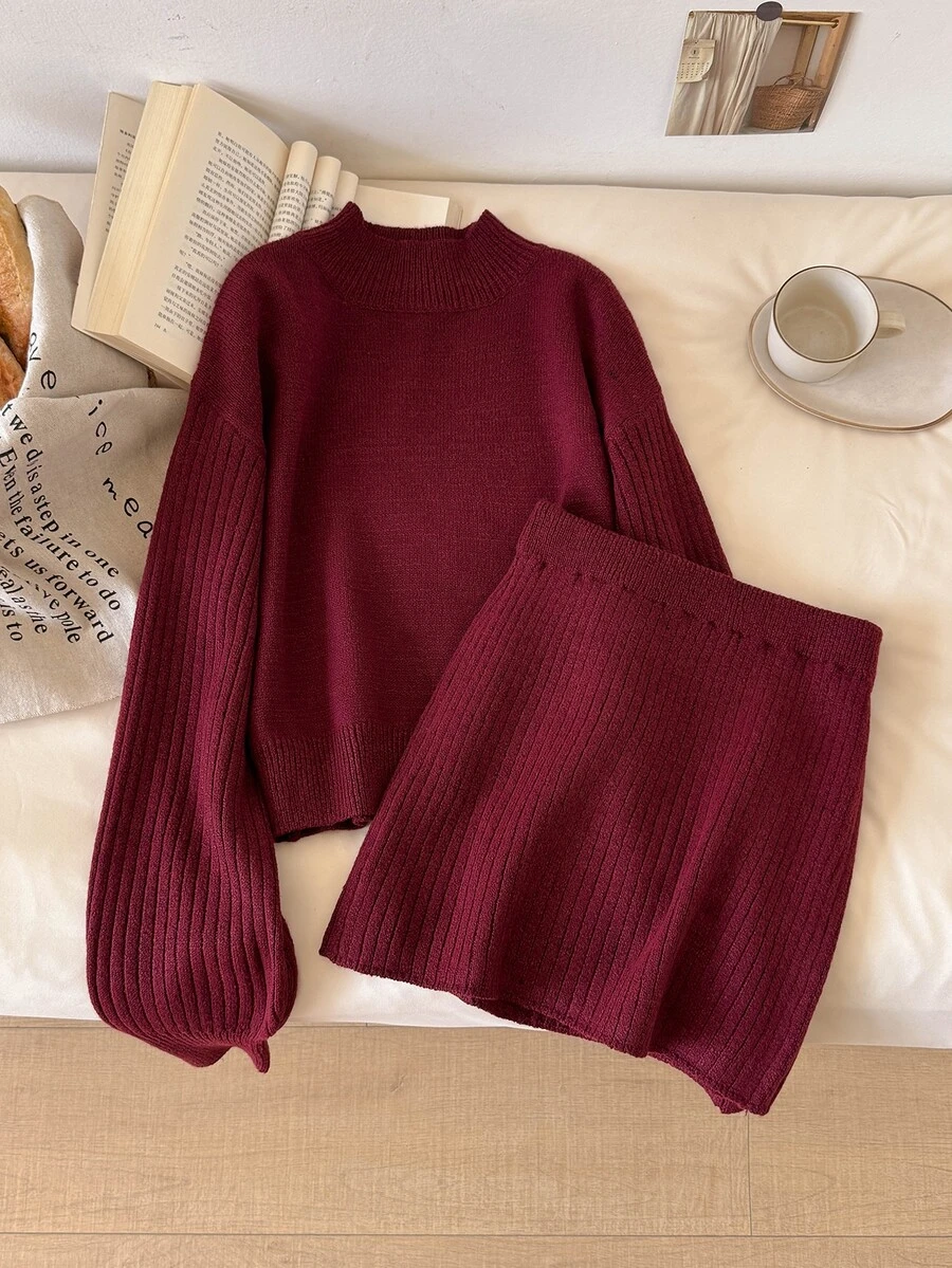 CosyJoli Women's Solid Color Long Sleeve Sweater And Knitted Skirt Casual Set - Burgundy - View 1