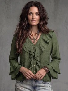 Linhara CURVE Plus Size Women's Woven Regular Fit Autumn/Winter American Vintage Western Style Casual Commute V-Neck Double Layer Ruffle Bell Sleeve Loose Relaxed Slouchy Distressed Gray Green Shirt - Green - View 5