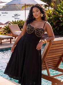 CAJUNI Plus Size Vacation Fashion Embroidered Spaghetti Strap Dress - Black - View 8