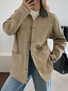 DAZY 拼接撞色寬鬆工裝夾克女款，休閒街頭韓風，秋季度假日常穿搭，卡其色，標準版 - 棕色 - 查看 4