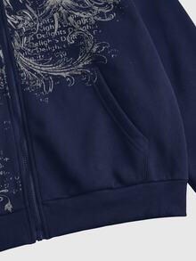 ROMWE MEN Men's Printed Pattern Antenna Loose Hooded Sweatshirt Streetwear - Royal Blue - View 5