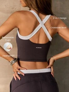 GLOWMODE Cozy Street Collection Daylight FeatherFit™ Mock 2-Piece Tank Top With Crossback Straps Yoga Pilates Studio Daily Active Wear - Brown - View 2