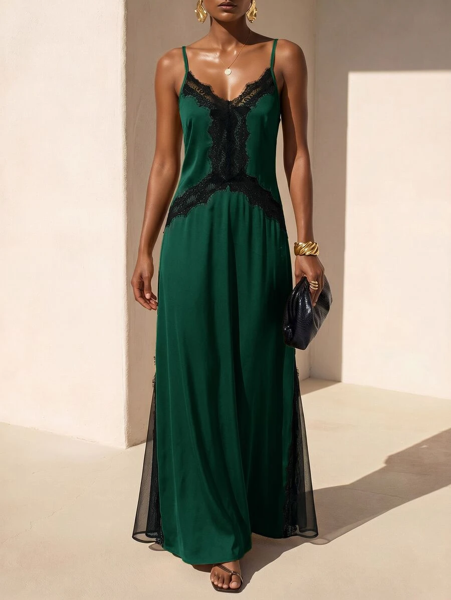 Zivah Women's Contrast Lace Fashion Elegant Spaghetti Strap Long Dress - Dark Green - View 1