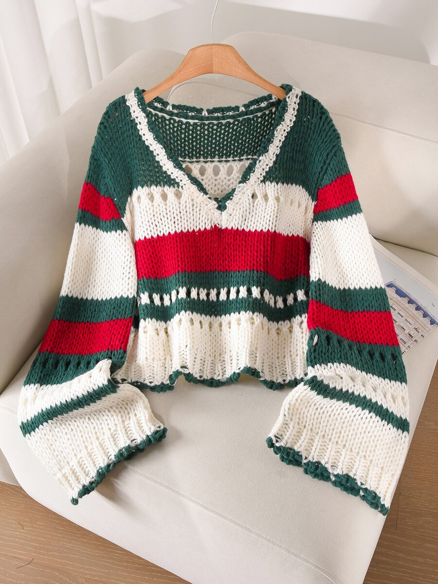 CosyJoli Plus Size Colorblock Striped Hollow Knit Sweater Winter - Multicolor - View 1