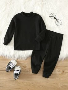 SHEIN 男女嬰兒/幼兒 2件組秋冬加厚抓絨內裡貼身睡衣套裝，嬰兒睡衣，貼身款，聖誕，嬰兒冬季睡衣 - 黑色 - 查看 4