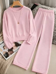 SHEIN Tween Girls Sweater Co-Ords Casual Sweet School Back-To-School,Spring,Autumn,Winter - Pink - View 5