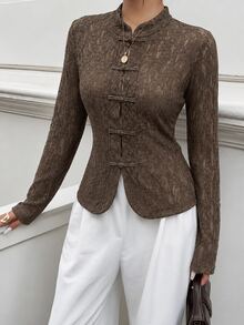 Modelyn Spring/Summer Lace Frog Button Gentle Date Elegant Fashion Versatile Slimming Women's Blouse - Coffee Brown - View 5