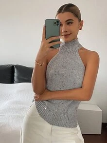 DAZY Solid Color Fitted Sequin High Neck Sleeveless Casual Sexy Holiday Spring/Autumn Knit Top For Women - Grey - View 4