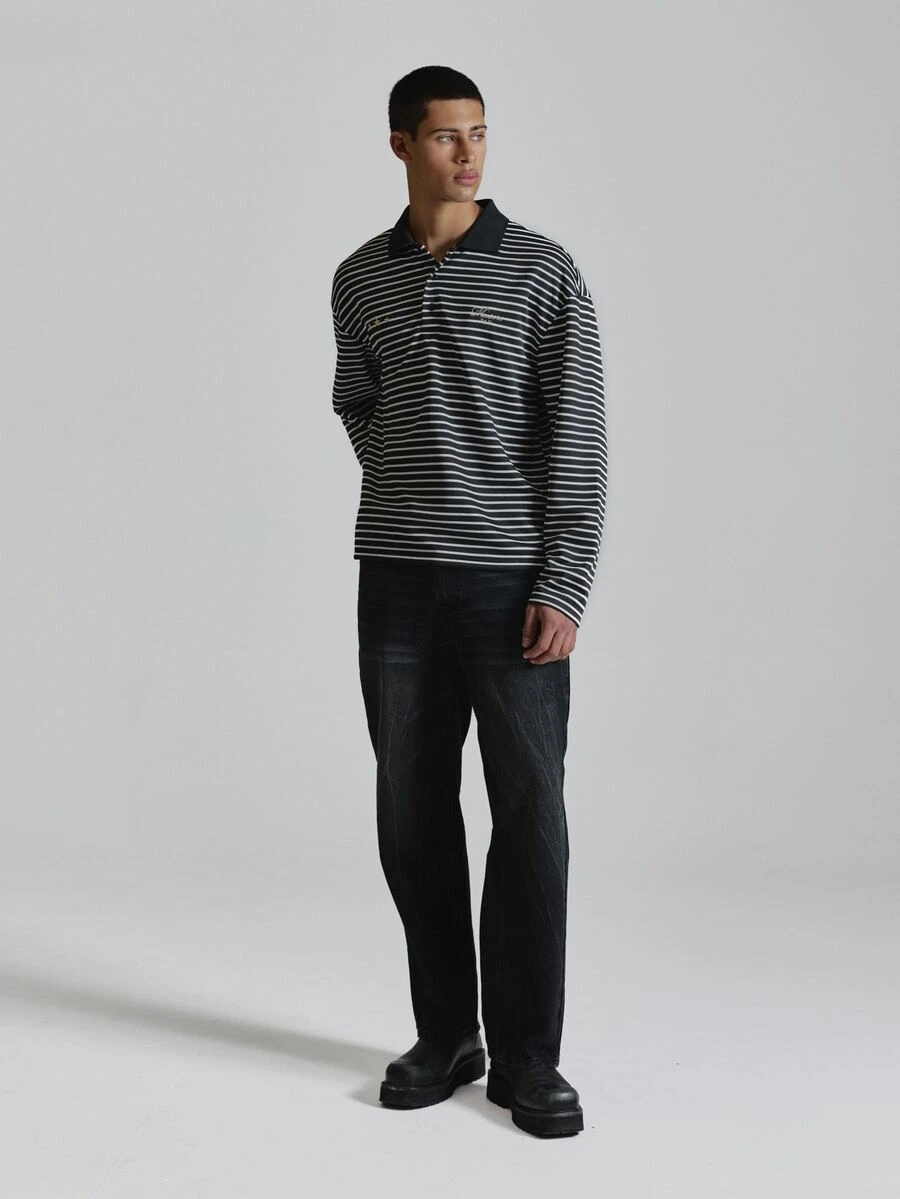 Musero Long Sleeve Stripe CrewNeck Top In Crop Length With Distressed Stripe Contarst Neckline Drop Shoulder Autum Winter Essentials - Black and White - View 1