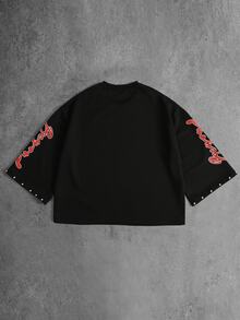 ROMWE MEN Street Life Summer 3/4 Sleeve T-Shirt Loose Fit Top For Teenagers - Black - View 2