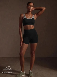 Zivah 女款拼色細肩帶背心上衣與高腰短褲休閒日常運動套裝 - 黑色 - 查看 2