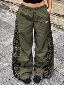 兒童青少年女孩夏季街頭風學院風賽事日復古嬉皮豹紋拼接黑色寬鬆降落傘長褲 - 軍綠色 - 查看 4