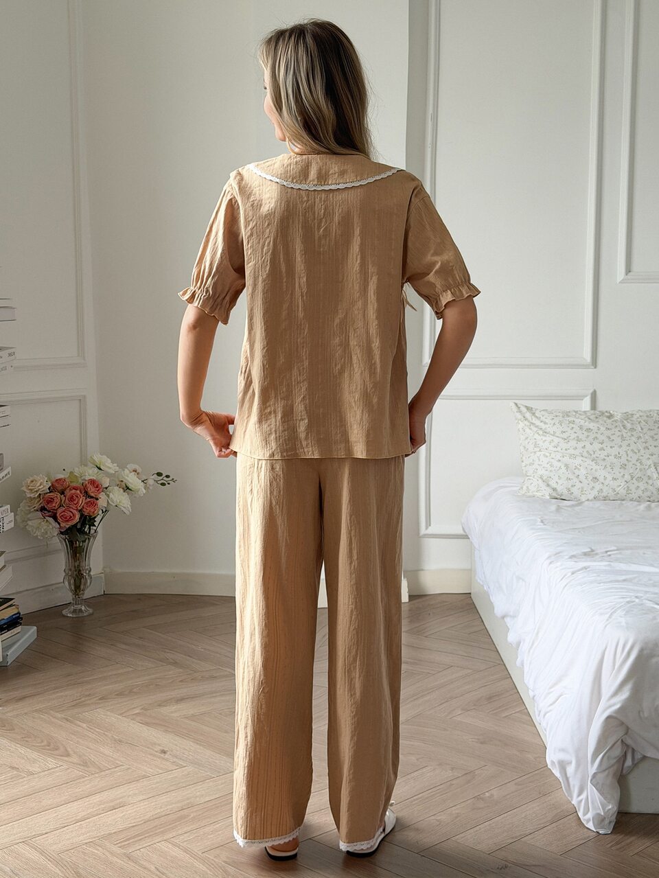 Women's Lace Trim Short Sleeve Top And Long Pants Casual Daily Home Pajama Set Fall