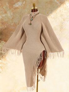 Amplova Women's Vintage Elegant Fashion Fringe Hem Split Sweater Dress Dinner Cocktail Party Tan Autumn - Apricot - View 7