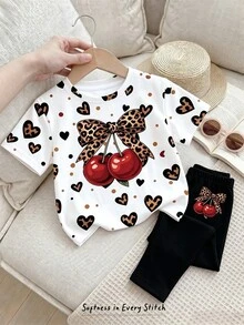女嬰休閒簡約圓領寬鬆短袖T恤與內搭褲套裝，適合春夏穿著 - 彩色 - 查看 1