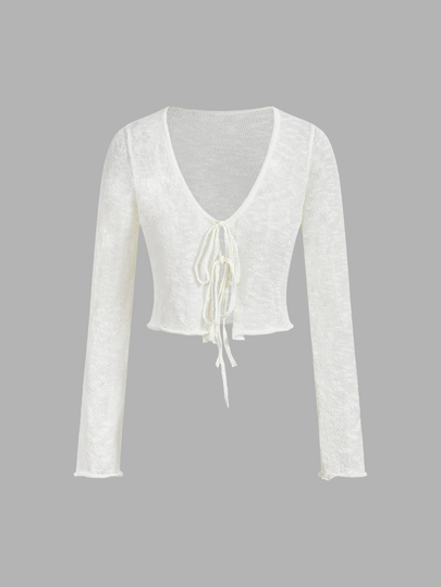 SHEIN MOD White V Neck Tie Front Crop Knit Top For Women Long Sleeve Lightweight Sheer Cardigan,Knit Tops For Women,Long Sleeve Tops For Women,Blouses For Women