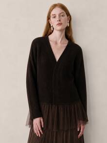 Wandoria Women's Autumn New Single Piece Mesh Patchwork Loose Regular Fit Solid Color Versatile Daily Commute Knit Cardigan Top - Coffee Brown - View 4