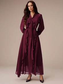BELROSIE Fall Burgundy Solid Color Chiffon V-Neck Dress With Tie Scarf, Bowknot Strap Decor, French Romantic Style, Ruffle Trim, Elegant Party Dinner Women - Red Violet - View 4
