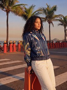 CAJUNI Jaket Wanita Ukuran Besar Lengan Panjang Motif Tanaman Tropis dengan Resleting - MultiWarna - View 7