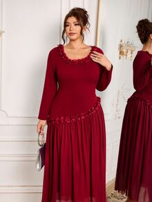Modelyn Women's Elegant Floral Square Neckline Decor Fitted Elegant Plus Size Long Sleeve Dress - Burgundy - View 7
