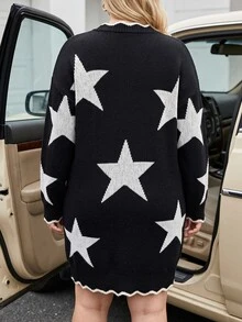 Linhara CURVE Autumn/Winter Thick Plus Size Loose Fit Five-Point Star Knit Sweater Dress Women Wavy Ruffle Round Neck Lazy Slimming Long Sleeve Dress - Black and White - View 5