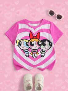 THE POWERPUFF GIRLS X SHEIN Young Girl Colorblock Heart Cartoon Print T-Shirt - Multicolor - View 1