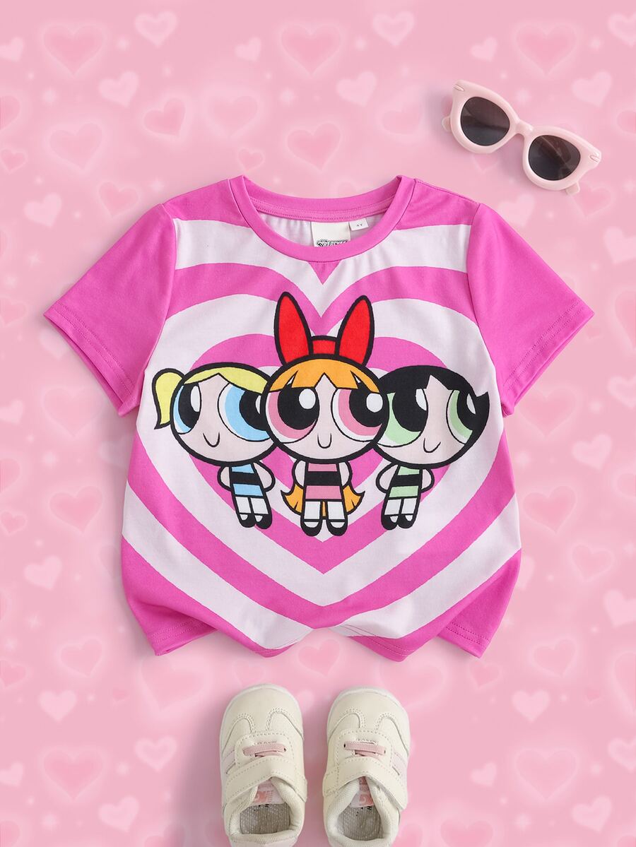 THE POWERPUFF GIRLS X SHEIN Young Girl Colorblock Heart Cartoon Print T-Shirt - Multicolor - View 1