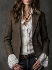 LUMIGAL Herringbone Pattern Notch Lapel Single-Breasted Cinched Waist Vintage British Style Autumn/Winter Women's Blazer - Coffee Brown - View 3
