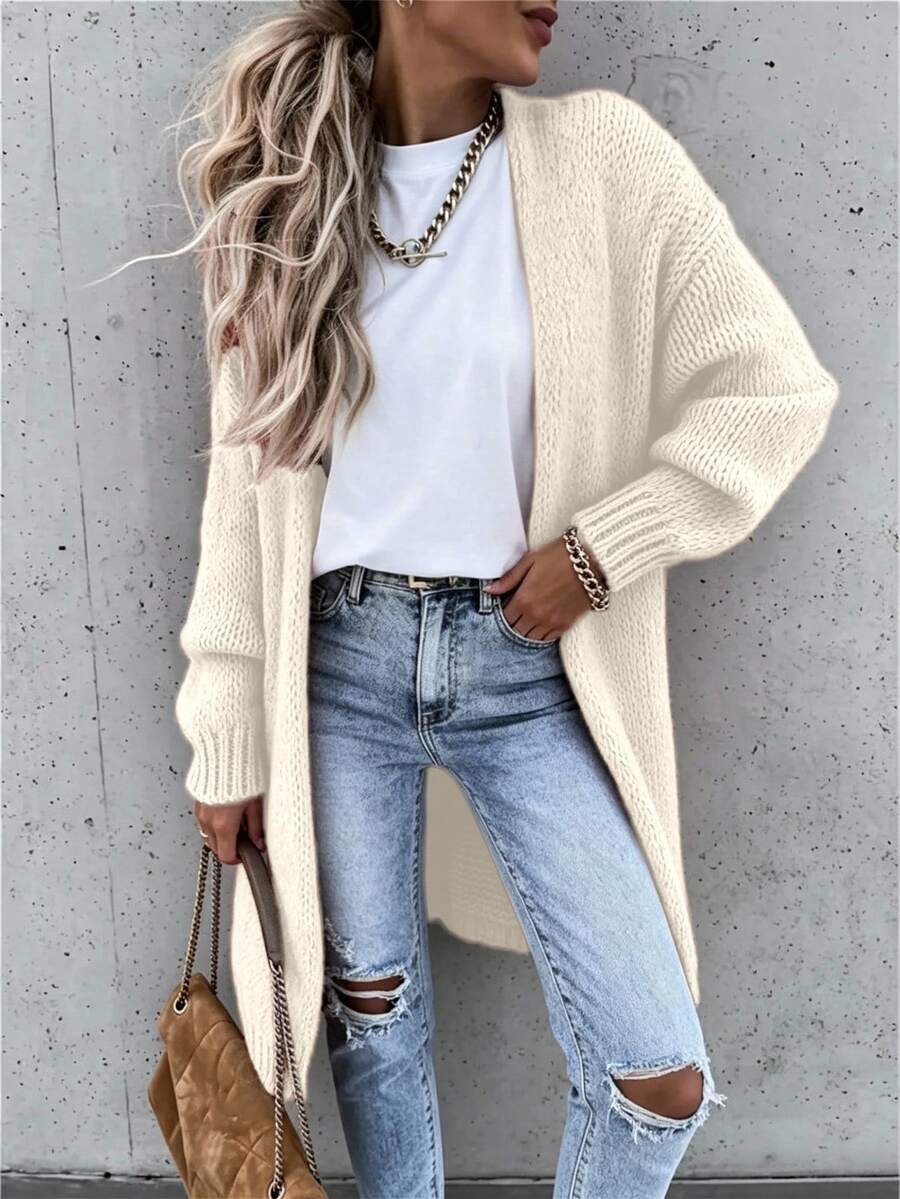 SHEIN Holidaya Women's Solid Color Dropped Shoulder Long Sleeve Casual Knit Cardigan - Apricot - View 1