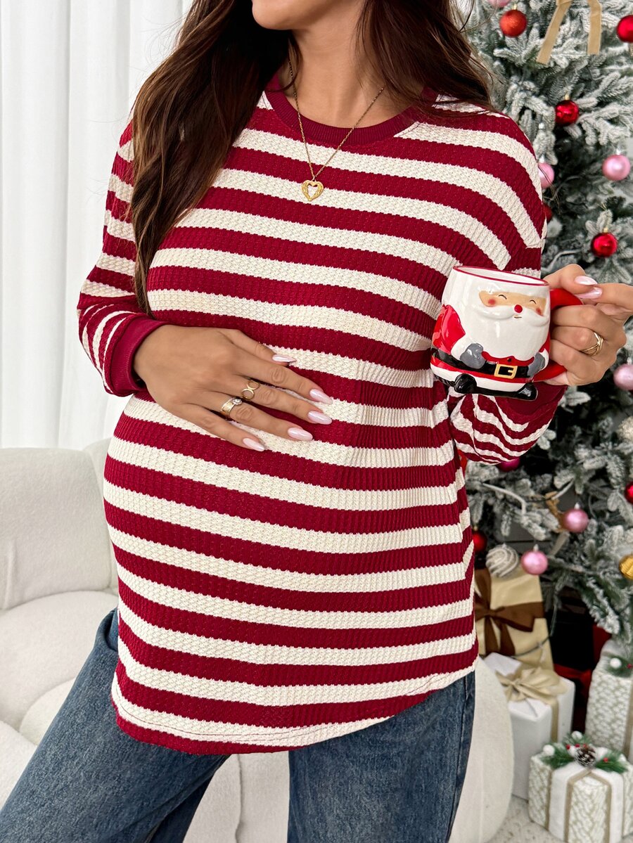 SHEIN Maternity Striped Round Neck Long Sleeve Casual Versatile T-Shirt - Red - View 1