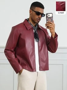HUEFORM Men's Old Money Purplish-Red Loose-Fit Cropped Lined Jacket, Suitable For Social Media And Street-Style, Gifts For Boyfriend - Burgundy - View 1