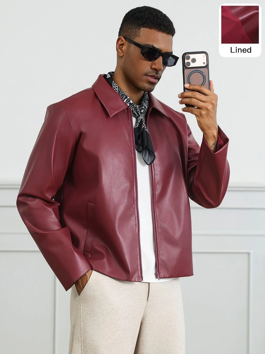 HUEFORM Men's Old Money Purplish-Red Loose-Fit Cropped Lined Jacket, Suitable For Social Media And Street-Style, Gifts For Boyfriend - Burgundy - View 1