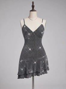 ROMWE Gold & Silver Metallic Fabric Spaghetti Strap Cinched Waist Asymmetrical Ruffle Hem Plus Size Mini Dress Birthday Party Dress - Silver - View 1