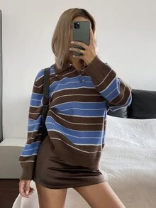 DAZY 女款拼色棕色條紋寬鬆長袖 Polo 領休閒學院風度假韓系秋季套頭針織毛衣 Y2K 早午餐風 - 棕色 - 查看 3
