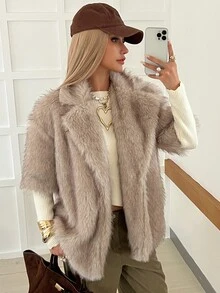 Livesso Women's Vintage Fashion Short Sleeve Faux Fur Jacket Fall - Coffee Brown - View 5