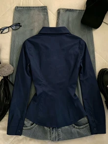 IslaSuriya 女款素色休閒百搭日常穿著襯衫 - 藏蓝色 - 查看 2